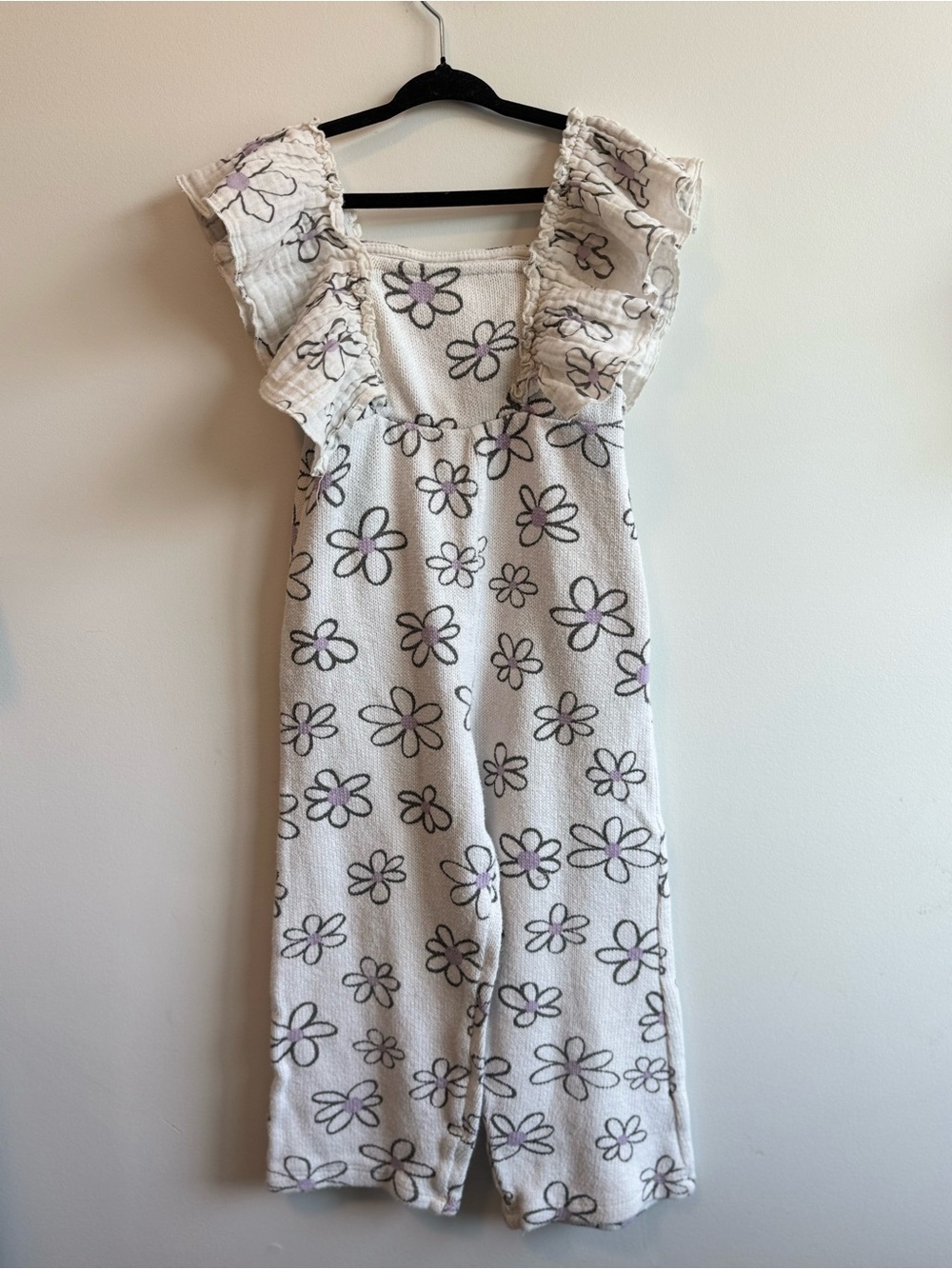 Zara Knit Floral Ruffle Strap Jumpsuit - White with Lavender Accents
